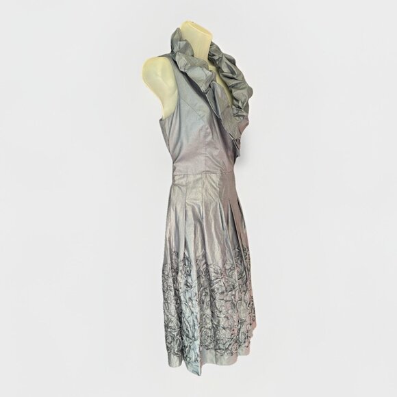 Adrianna Papell Blue Iridescent Ruffle Collar Midi Dress Size 6 Wedding Guest - Picture 4 of 12